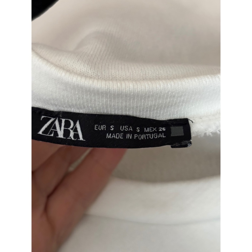 ZARA White Crewneck Sweatshirt Green Stripe Cuffs Size S - Picture 5 of 5